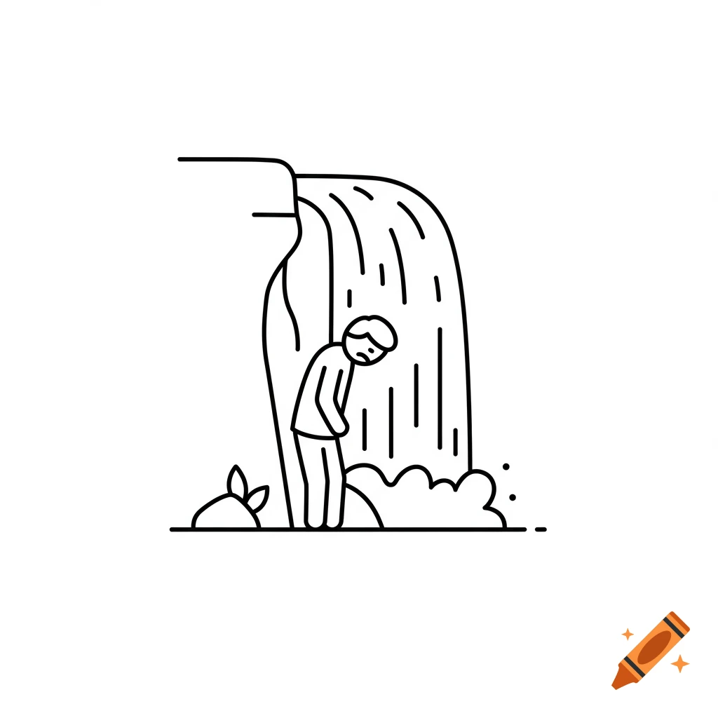A sad person with their head down standing under a waterfall, depicted in simple black line art icon style.