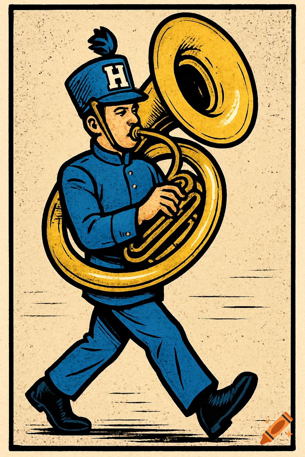 A boy in a blue marching band uniform and hat with an 'H' marches while playing a yellow sousaphone in a comic strip style.