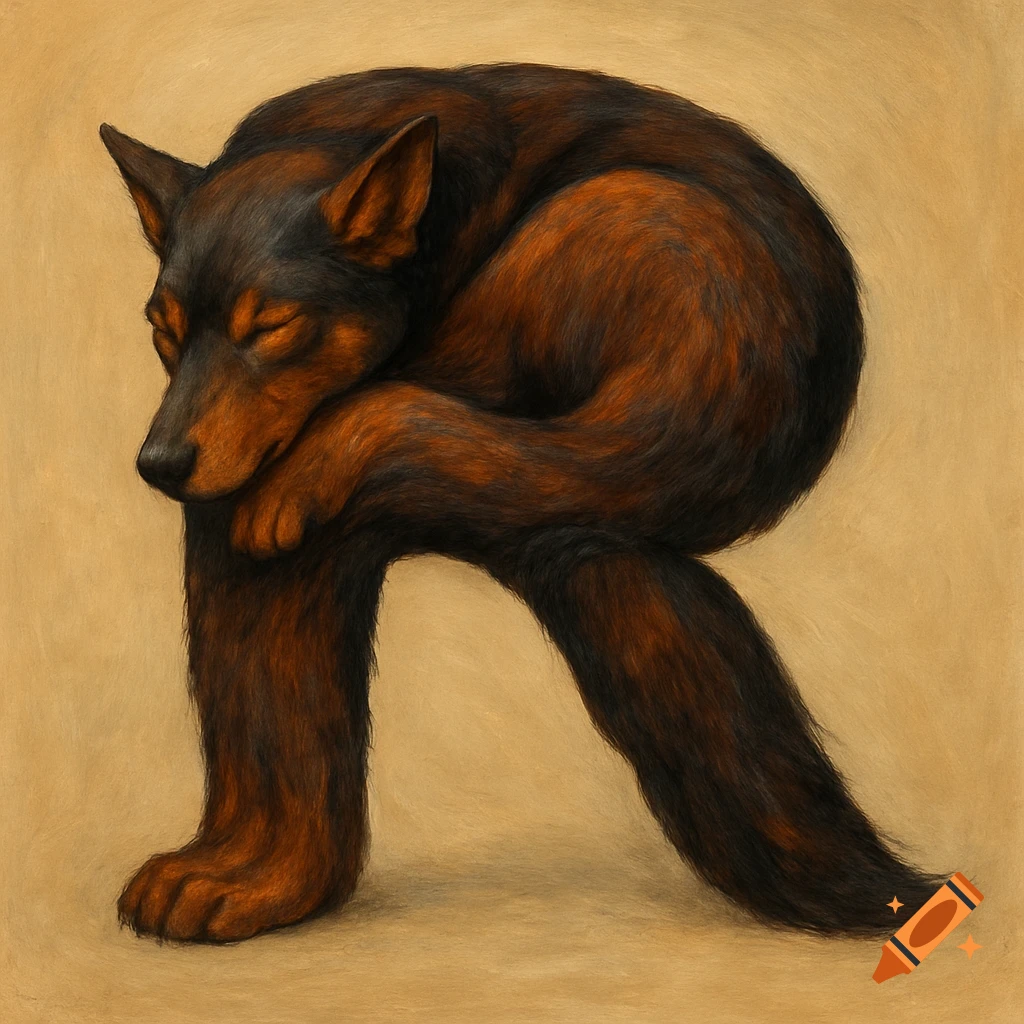 A sleeping reddish-brown and black dog curled up to form the shape of the uppercase letter R against a beige background, in a painted style.