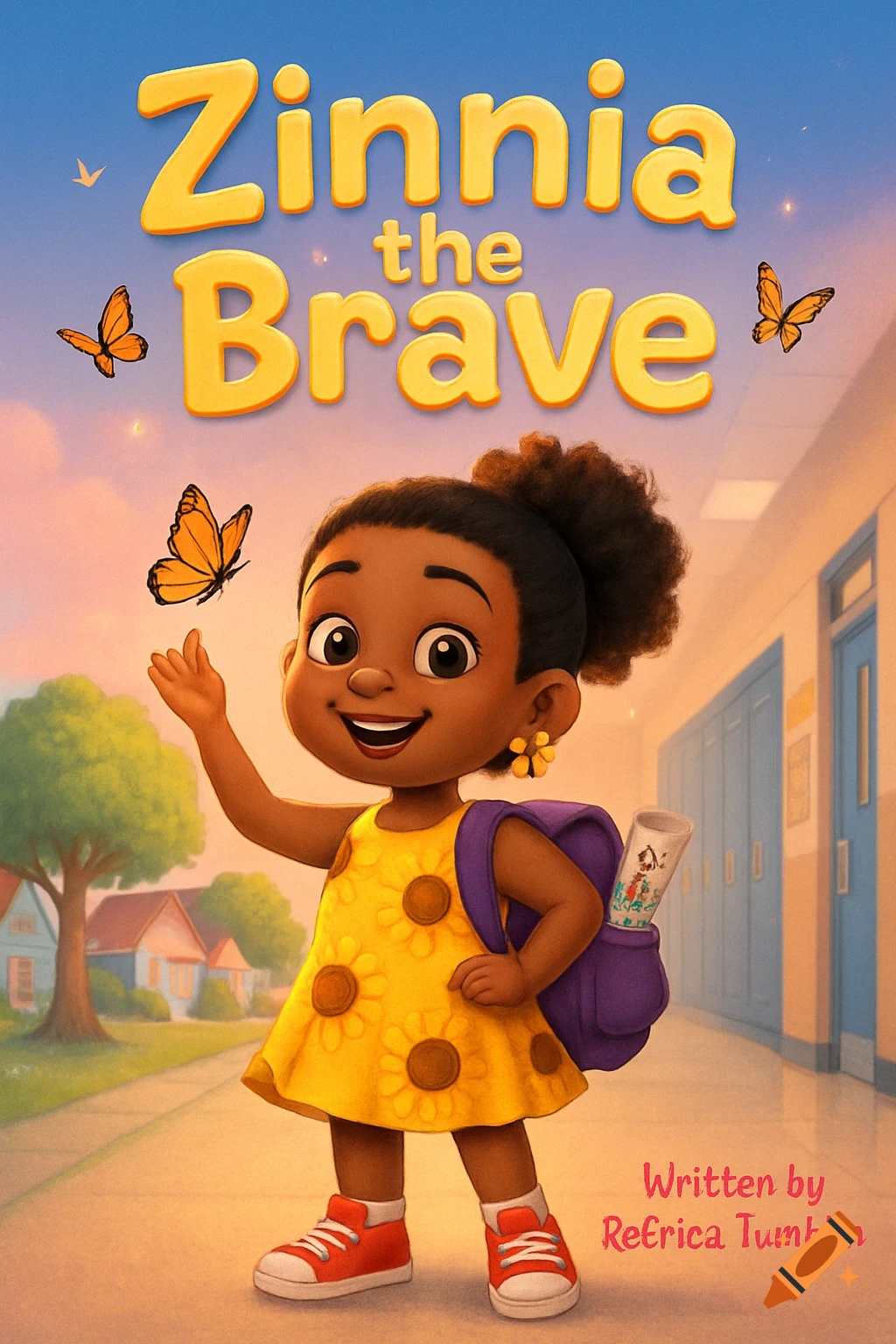 A vibrant cartoon book cover features a joyful young Black girl in a yellow sunflower dress and red sneakers, standing with butterflies near a school and neighborhood.