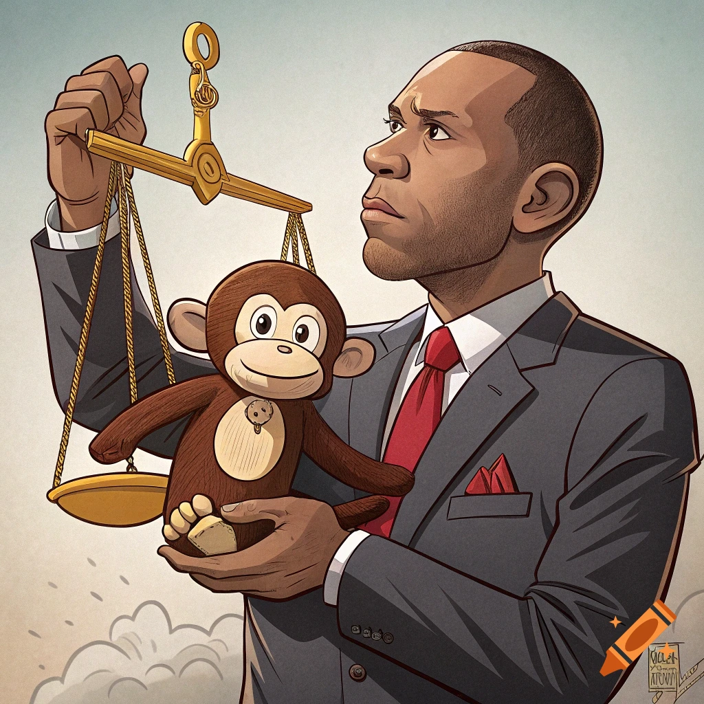 An illustration of a man in a suit holding a golden balance scale with a cute brown monkey plush toy.