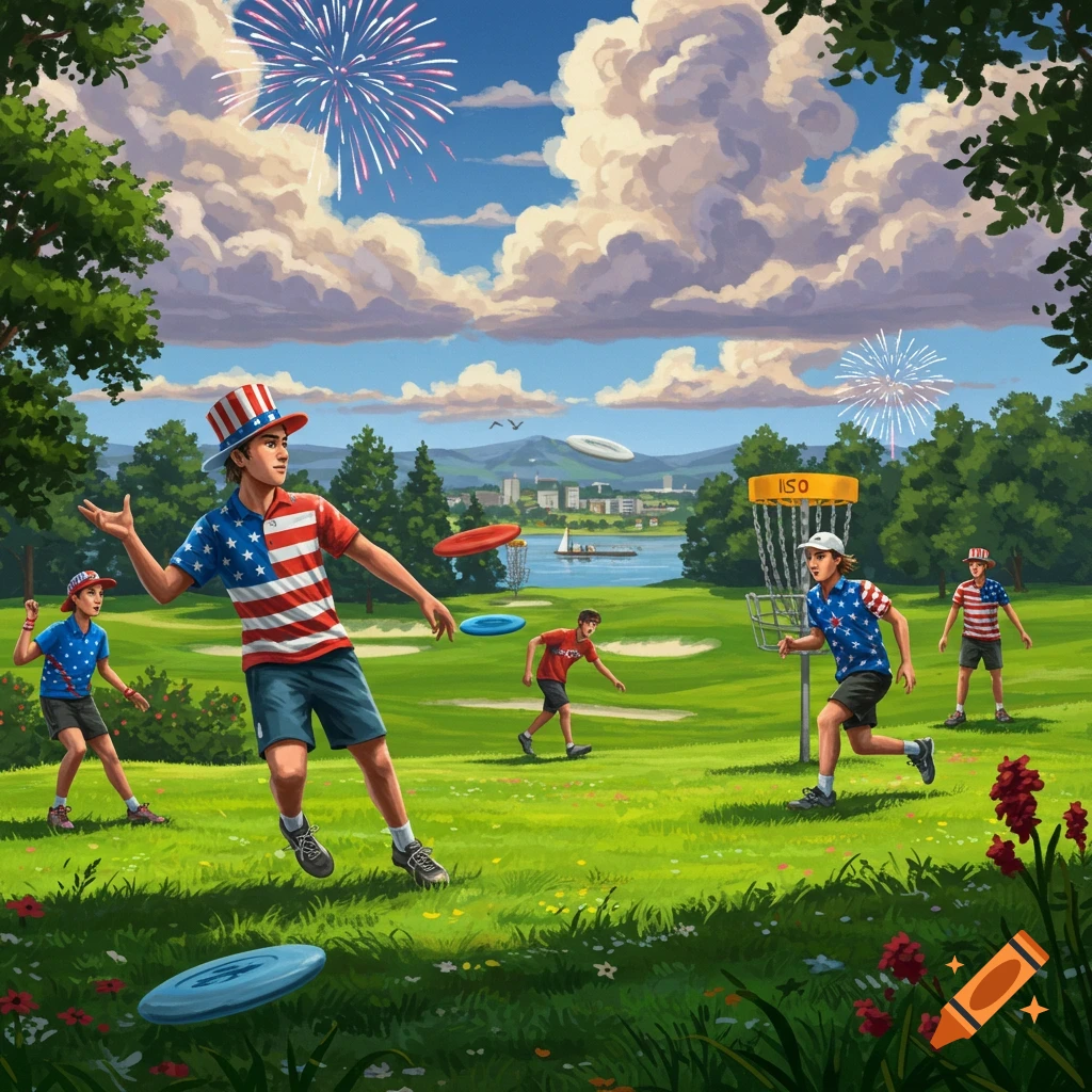 Illustrated scene of people playing disc golf in a park with fireworks in the sky, celebrating July 4th.