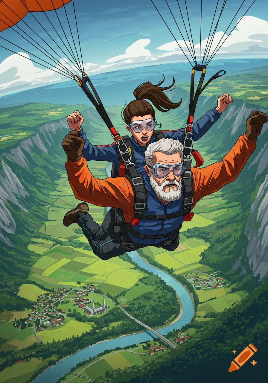 An illustration of a man and a woman in tandem skydiving high above a green valley with a river and small town below.