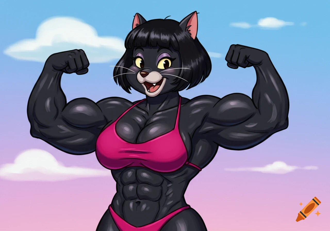 A muscular anthropomorphic black cat with a bob haircut wearing a pink bikini flexes its biceps in a cartoon style.