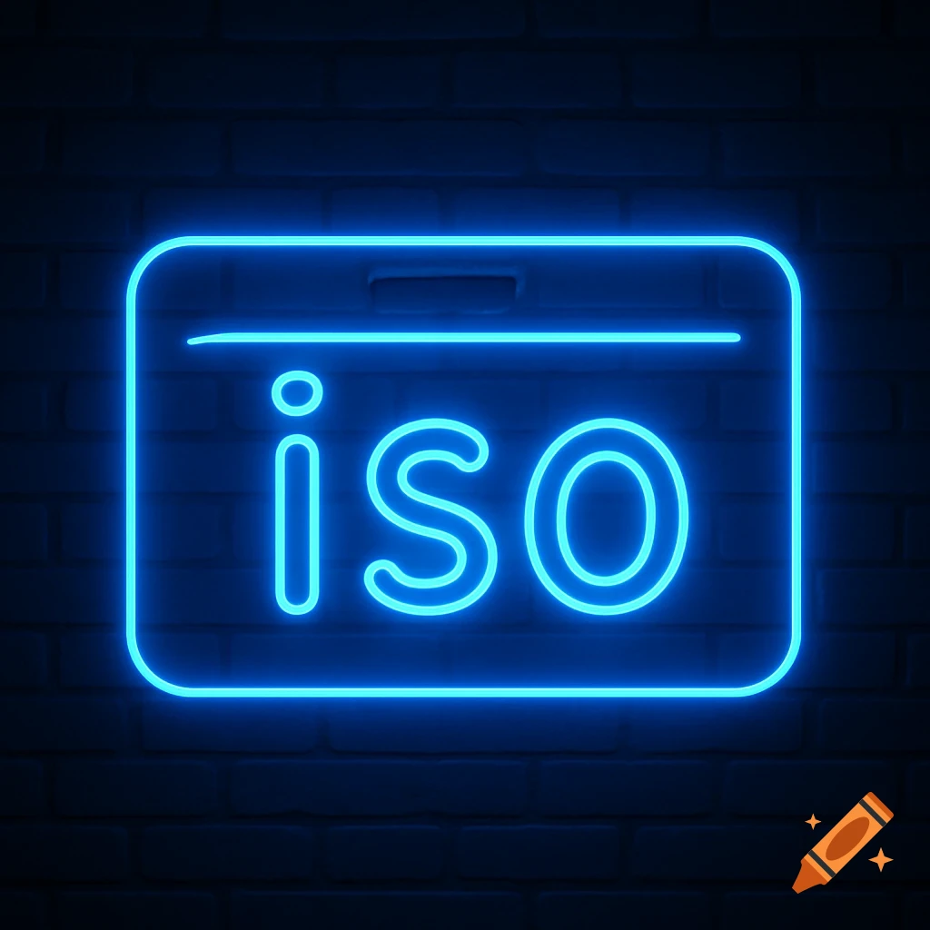Blue neon sign displaying "iso" against a dark brick wall.