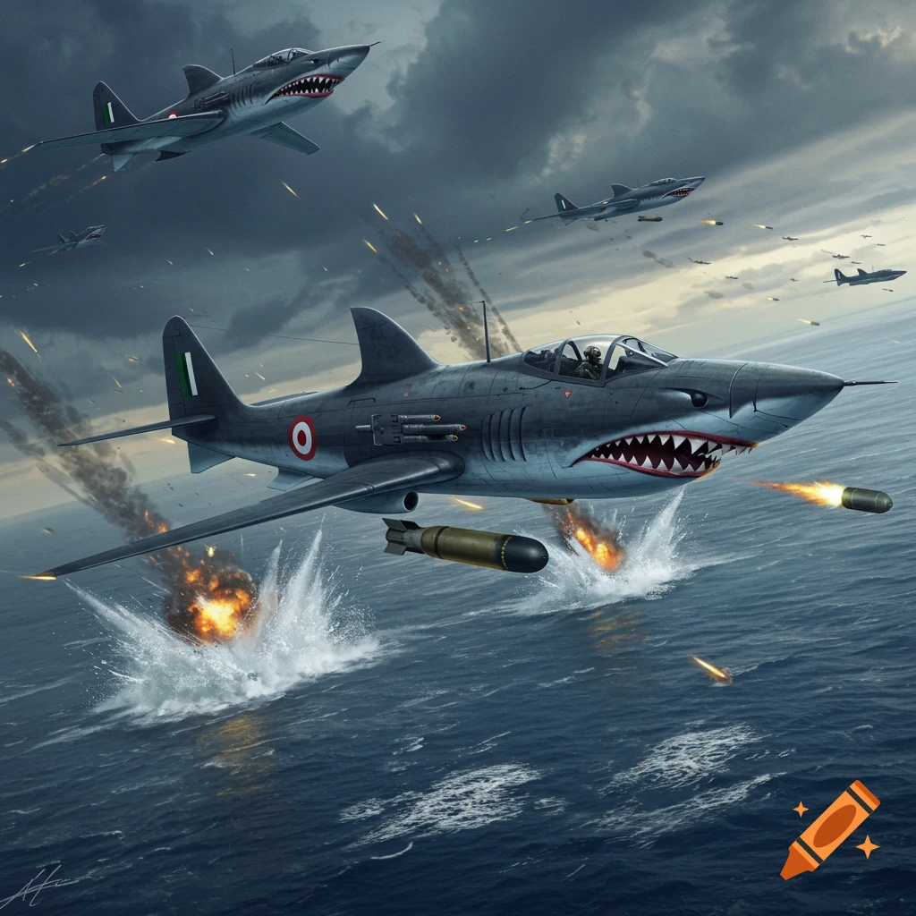 Shark-themed fighter jets fly low over a stormy sea, firing missiles and bombs causing explosions.