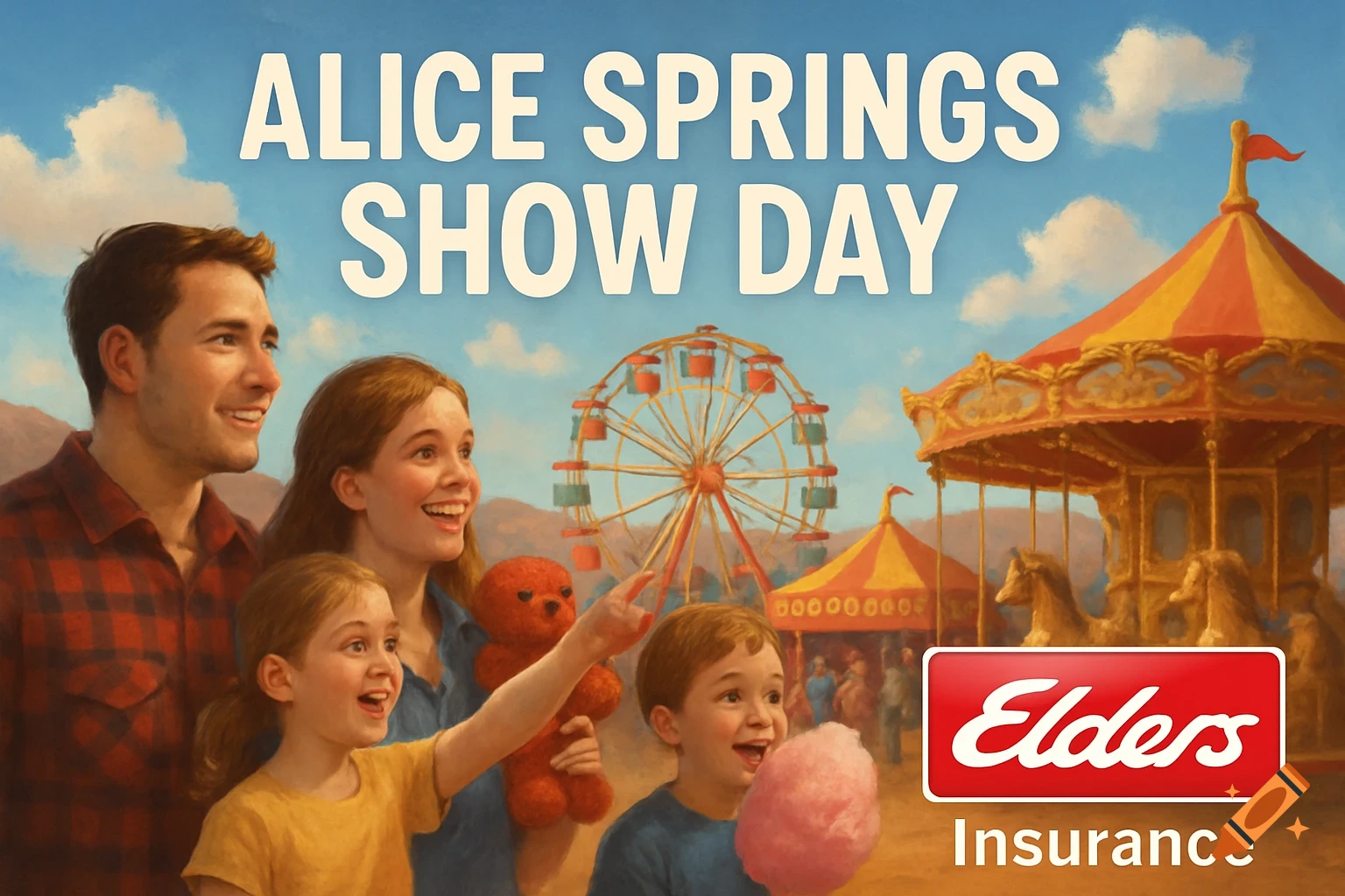 An illustrated family at a show day carnival with a Ferris wheel and carousel, featuring 'ALICE SPRINGS SHOW DAY' text and 'Elders Insurance' logo.
