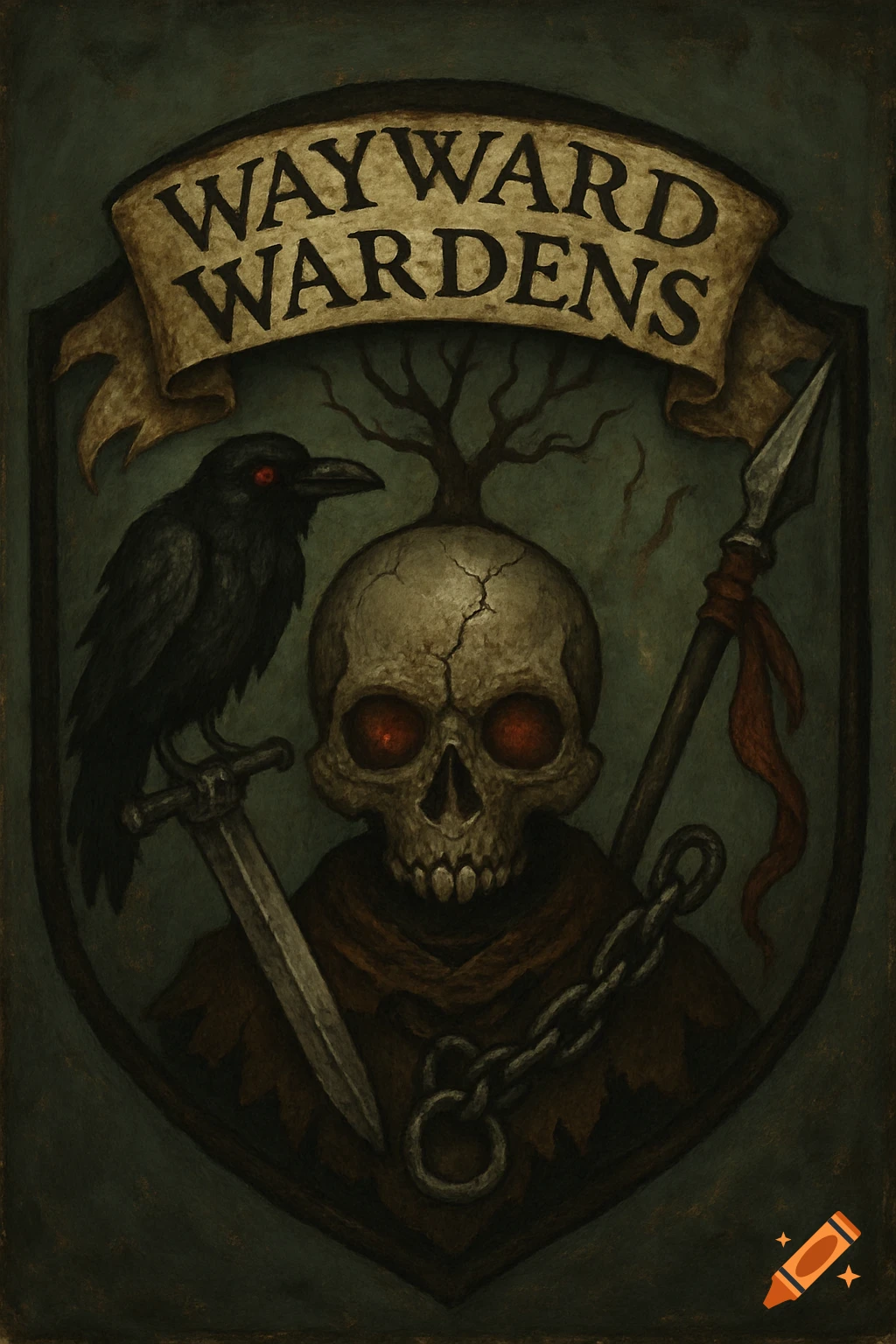 A dark fantasy crest featuring a skull with glowing red eyes, a tree growing from its head, a raven holding a sword, a spear, and chains. A banner above reads "WAYWARD WARDENS".