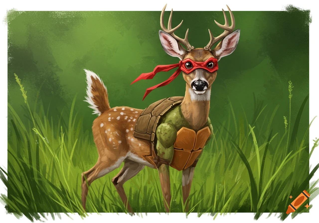 A deer in a red mask and a green turtle shell stands in tall green grass, like a Teenage Mutant Ninja Turtle.
