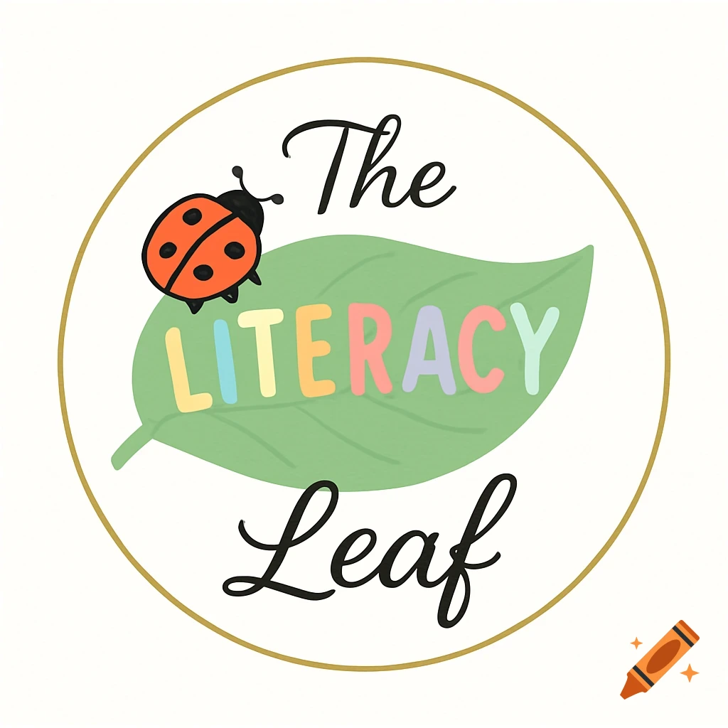 Logo for 'The Literacy Leaf' featuring a ladybug on a green leaf, with the brand name in script and colorful block letters, all within a gold circle.