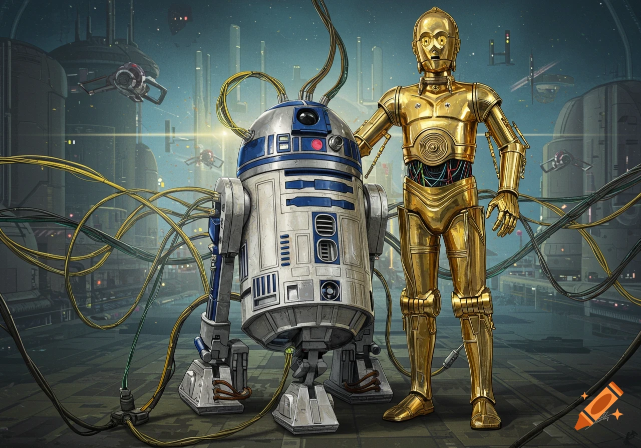 R2-D2 and C-3PO stand together in a futuristic cityscape, surrounded by intertwining yellow wires connected to R2-D2.