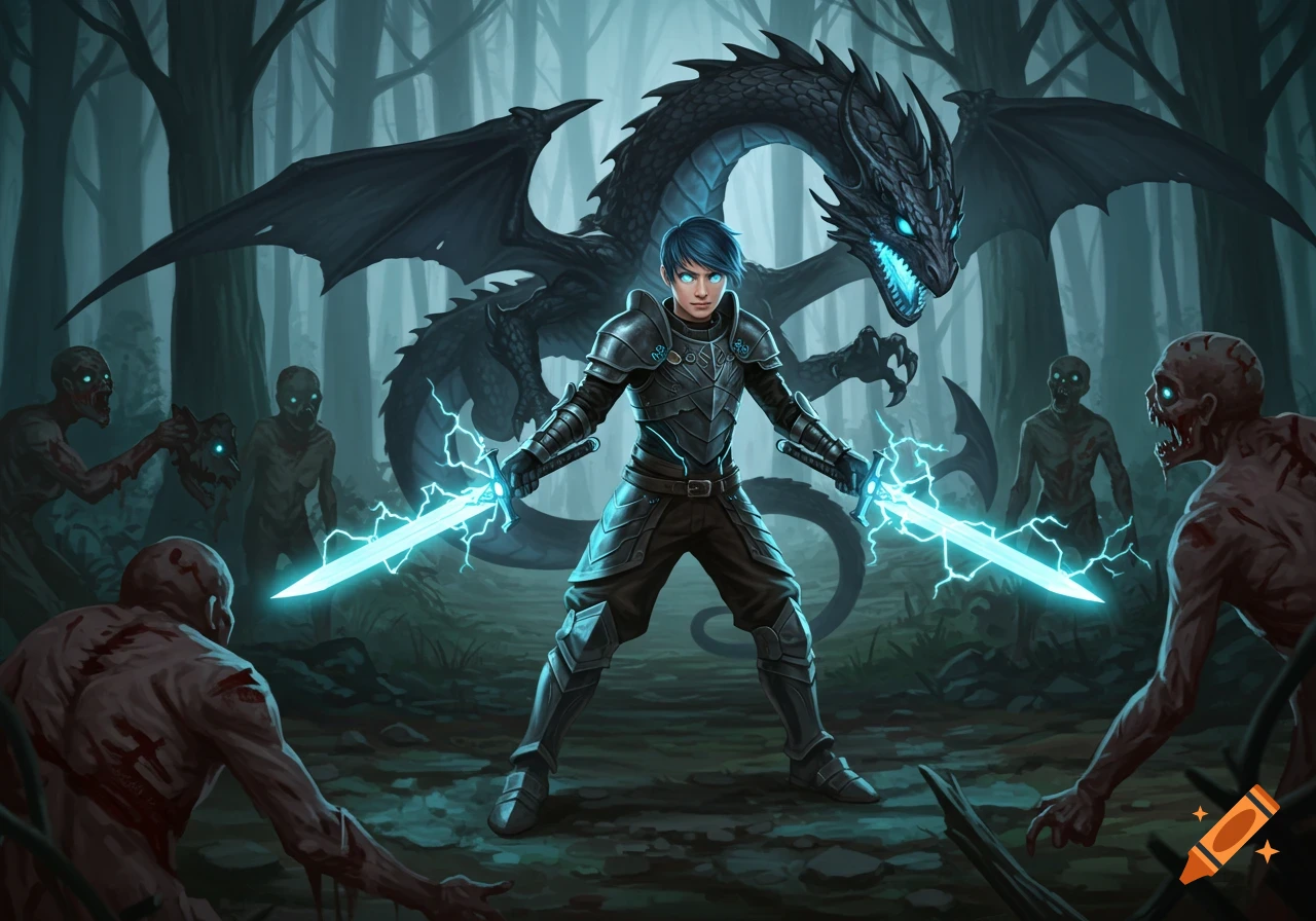 A young warrior with blue hair and glowing eyes, clad in dark armor, holds two electric blue swords, facing off against zombies in a dark forest with a black and blue dragon behind him.