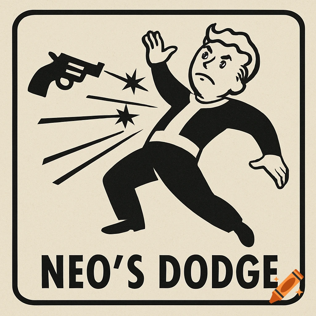 Stylized black and white illustration of a male character dodging bullets, similar to Fallout's Vault Boy, with the text 'NEO'S DODGE'.
