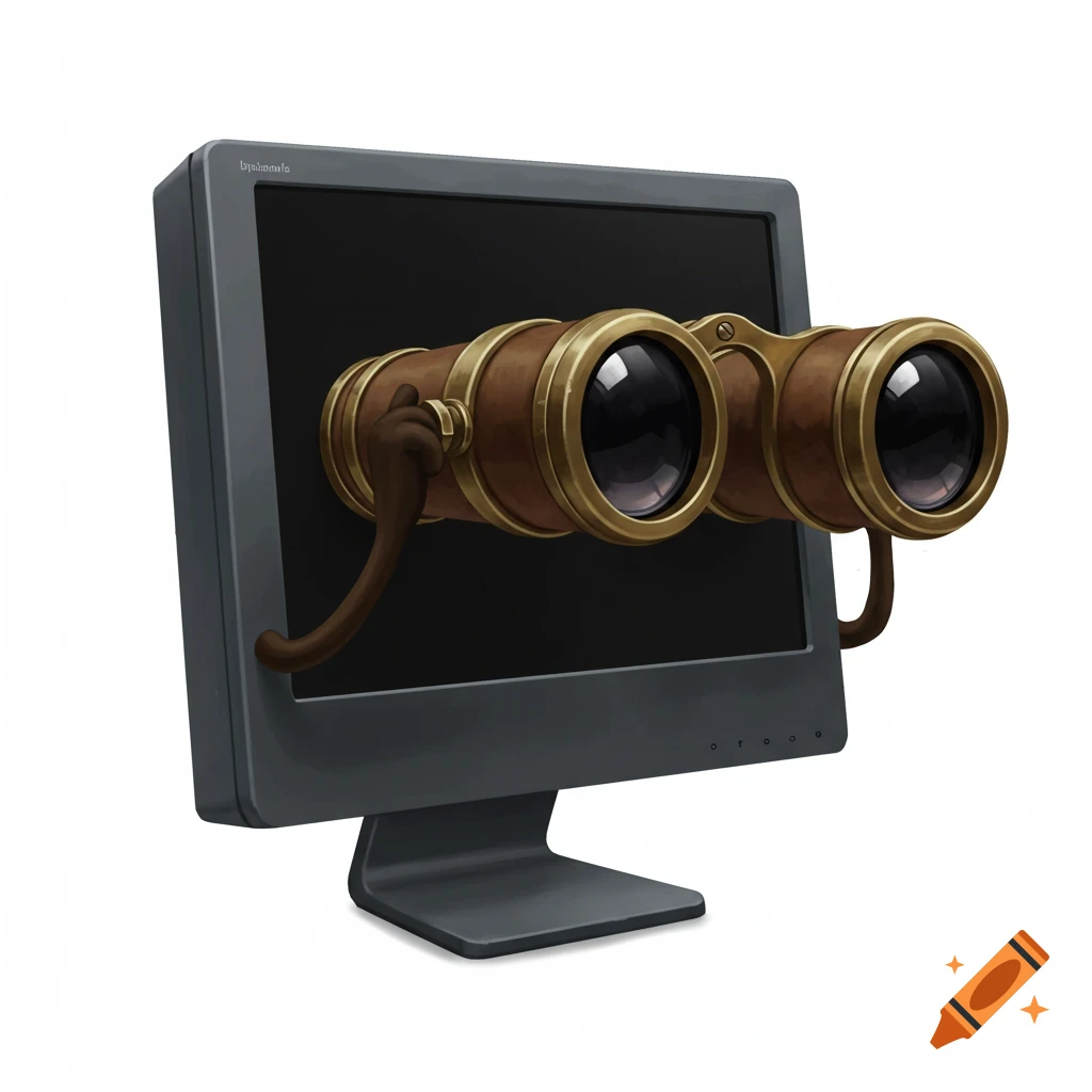 A stylized illustration of a gray computer monitor with a pair of antique brown and gold binoculars emerging from its screen.