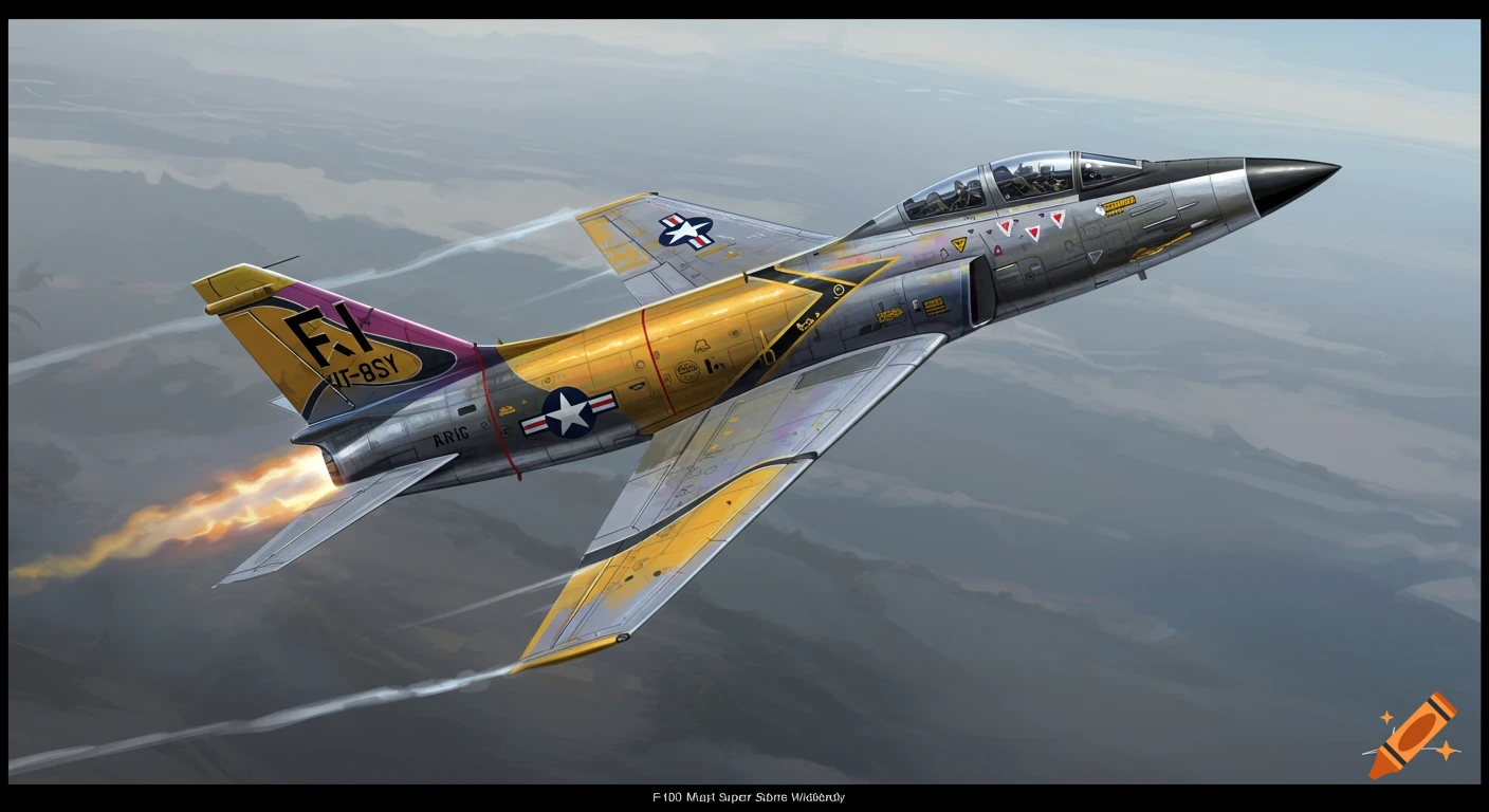 Illustration of a silver and gold fighter jet with pink and purple accents and the designation 'F-1', flying through a cloudy sky with engine flames.