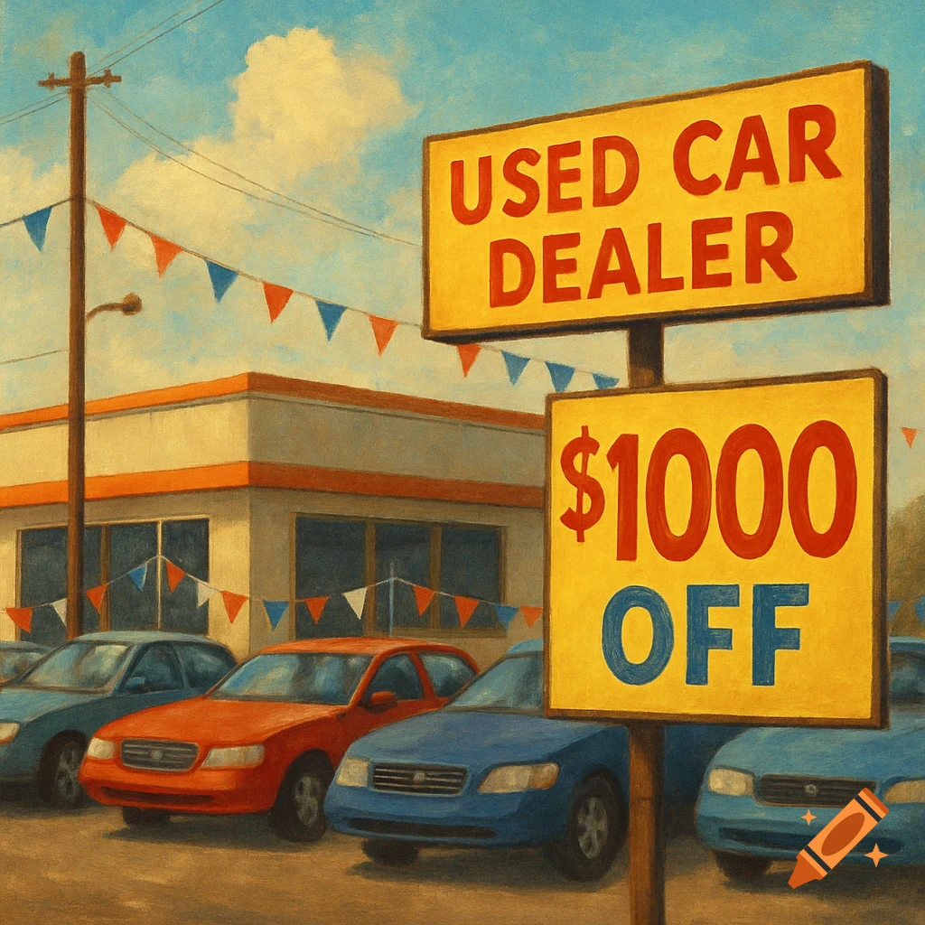 A painting of a used car dealership under a blue sky, with signs reading 'USED CAR DEALER' and '$1000 OFF' above several parked cars.