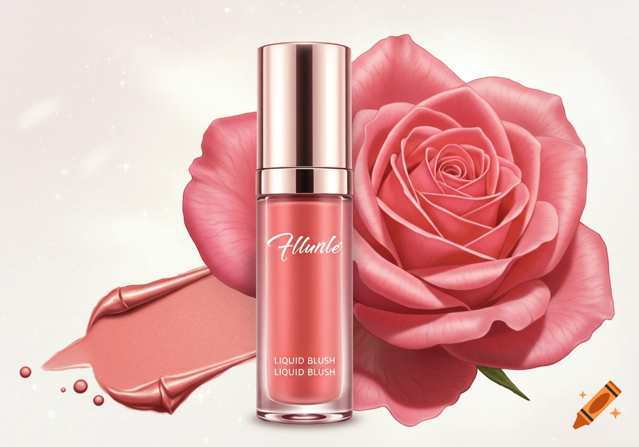 A clear bottle of liquid blush with a rose gold cap, displayed next to a pink rose and a swatch of the blush. Pink glitter dots the background.