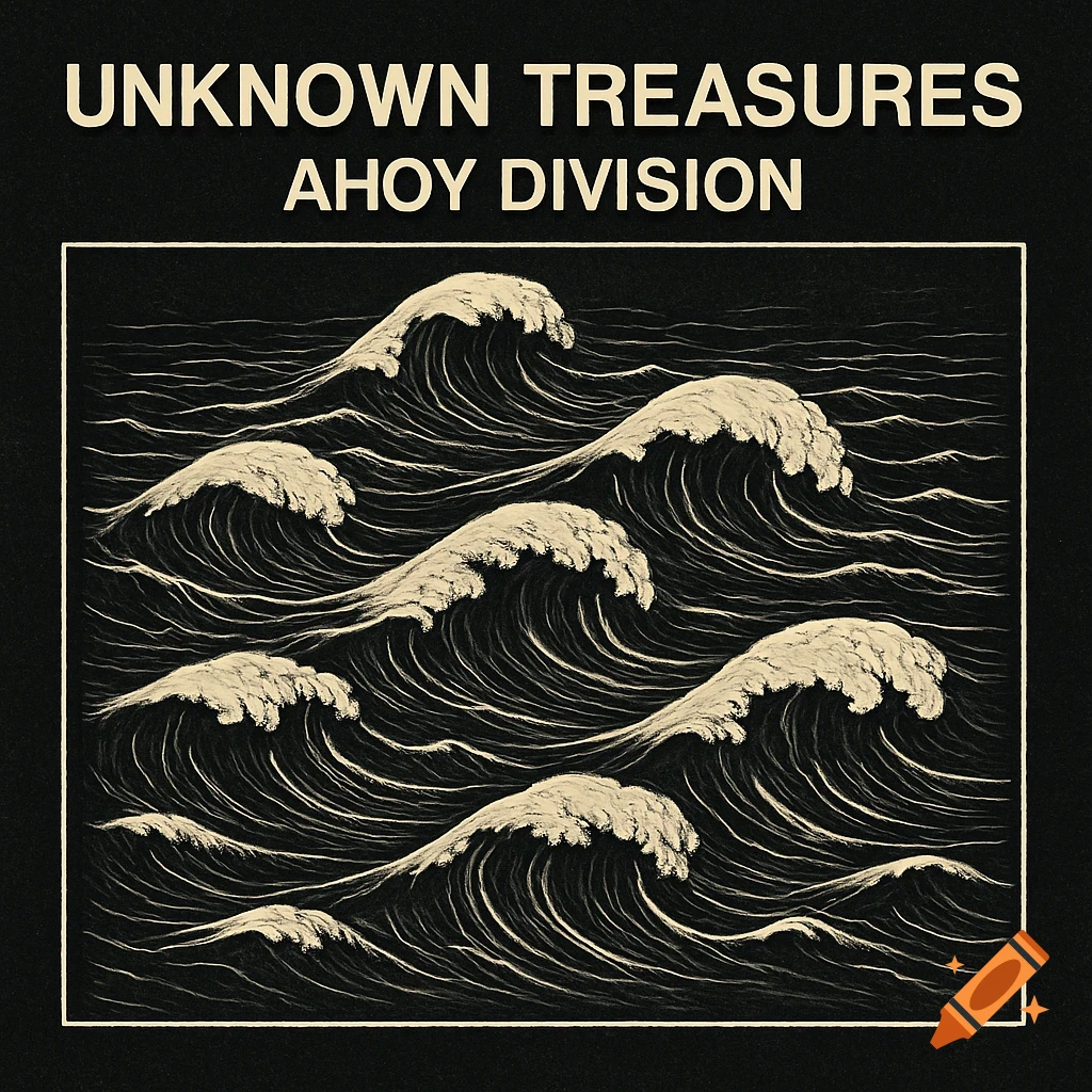 Stylized black and white illustration of large ocean waves with text 'UNKNOWN TREASURES AHOY DIVISION' above.