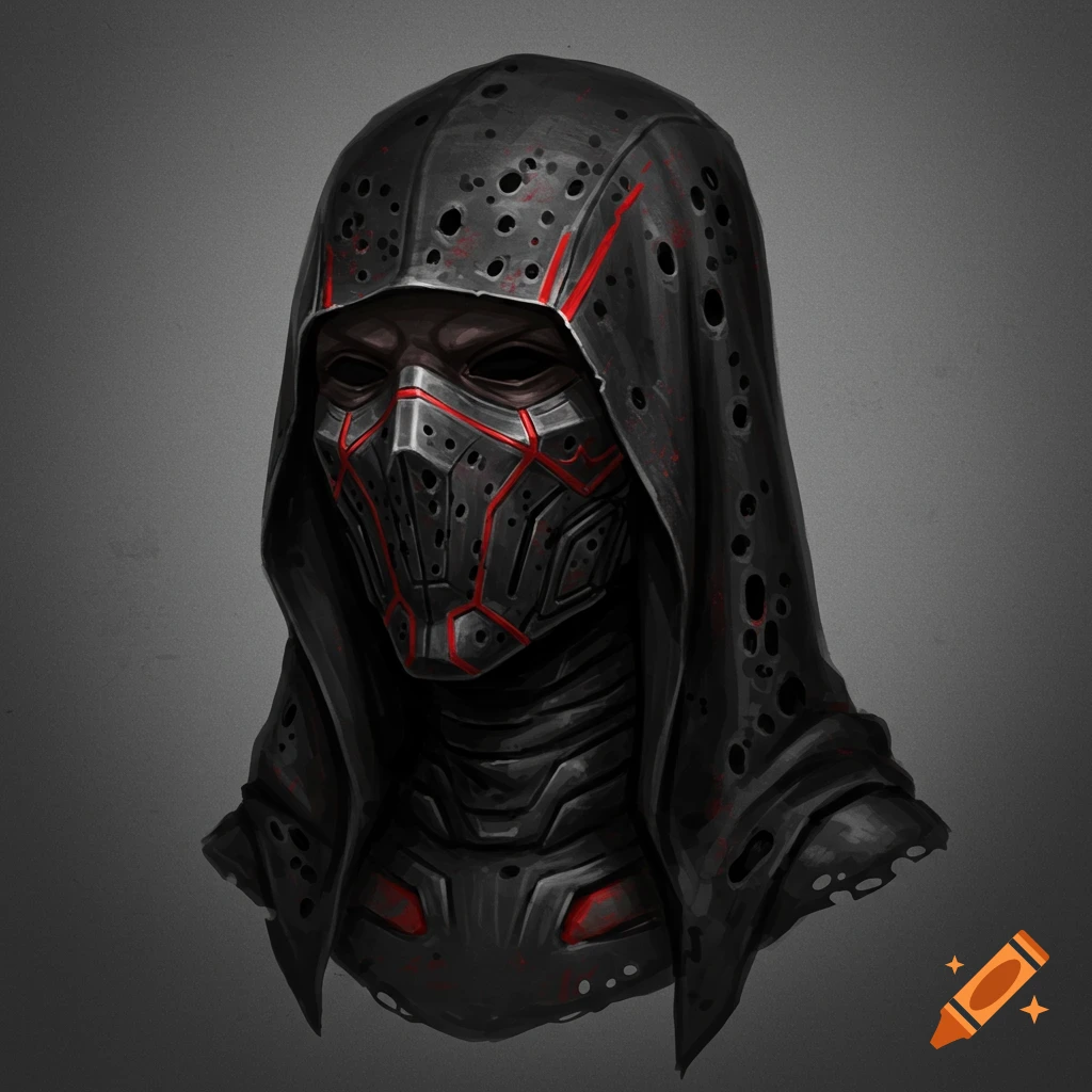 A close-up of a dark, hooded figure wearing a distressed, black and red metallic mask.