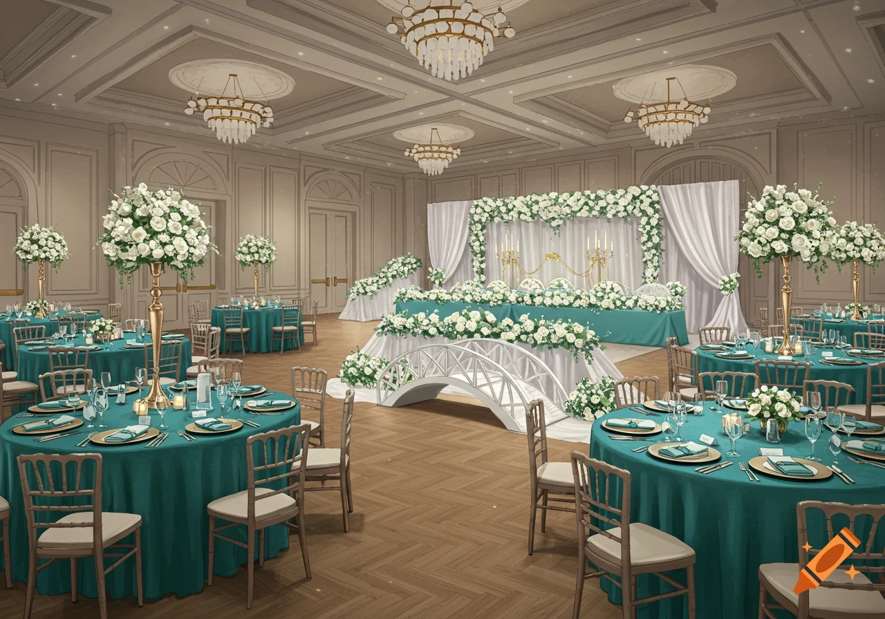 A lavish wedding ballroom with teal-covered tables, white floral centerpieces, and a white flower bridge leading to a decorated head table.