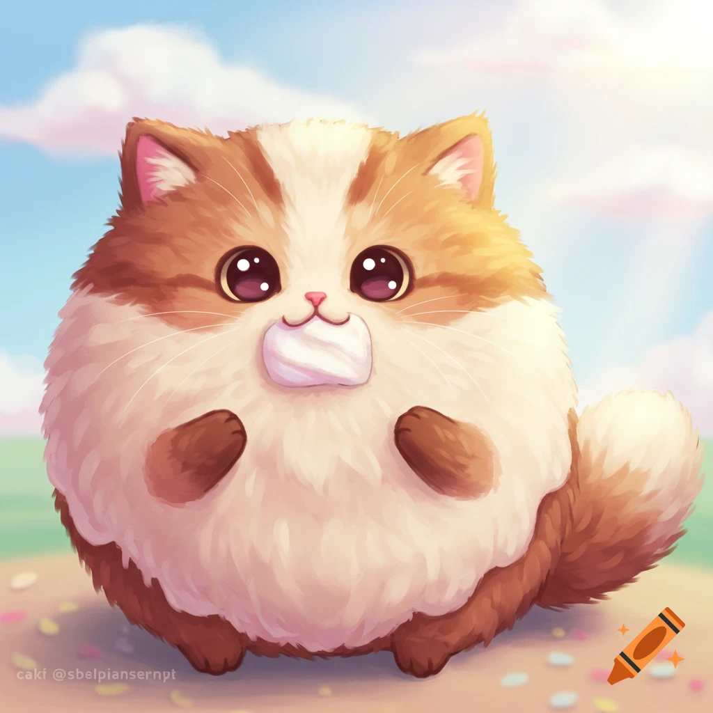 A fluffy, round, brown and white cartoon cat resembling a doughnut, with a marshmallow in its mouth, sits on the ground under a blue sky.