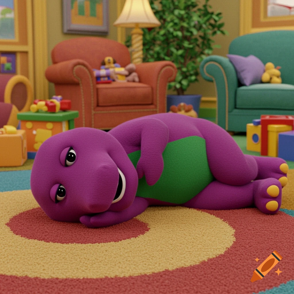 Barney the Dinosaur lies on a colorful patterned rug in a playroom filled with toys and furniture.