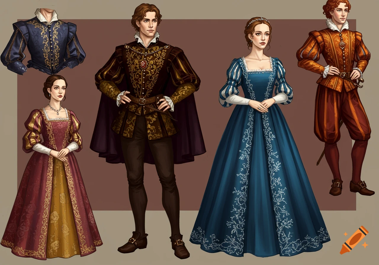 Digital painting of four people, two men and two women, in elaborate, ornate historical Renaissance-style costumes with rich fabrics and gold embroidery.