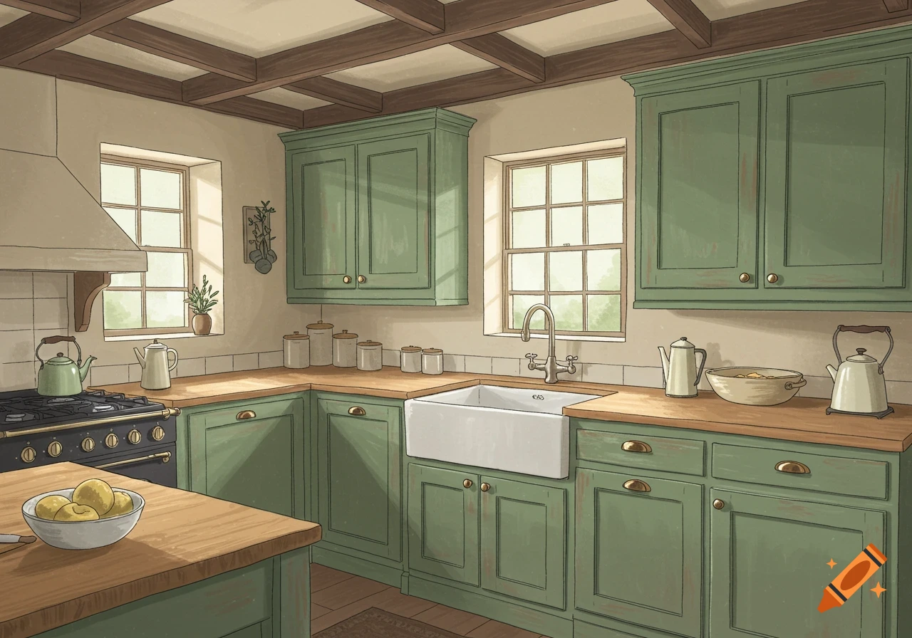 A cozy country-style kitchen with sage green cabinets, wooden countertops, and a white farmhouse sink. Sun shines through two windows.