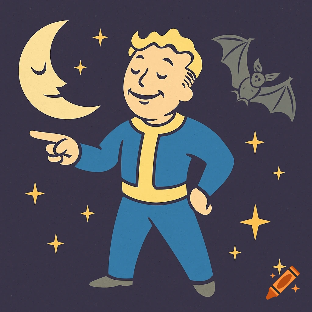 A cartoon character resembling Vault Boy from Fallout, in a blue and yellow suit, points to a smiling crescent moon in a dark, starry sky with a bat flying nearby.