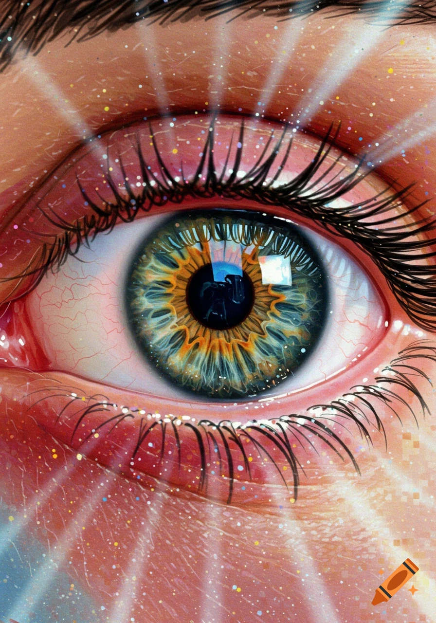 A close-up of a vibrant eye with a green and orange iris, long eyelashes, and visible blood vessels. Colorful glitter and light rays emanate from around the eye.