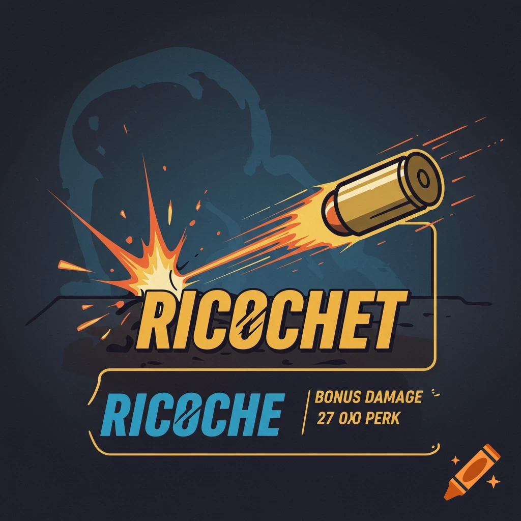 A stylized illustration of a bullet ricocheting off a surface, creating an orange spark and fiery trails, with the word 'RICOCHET' in yellow letters and 'BONUS DAMAGE' in white.