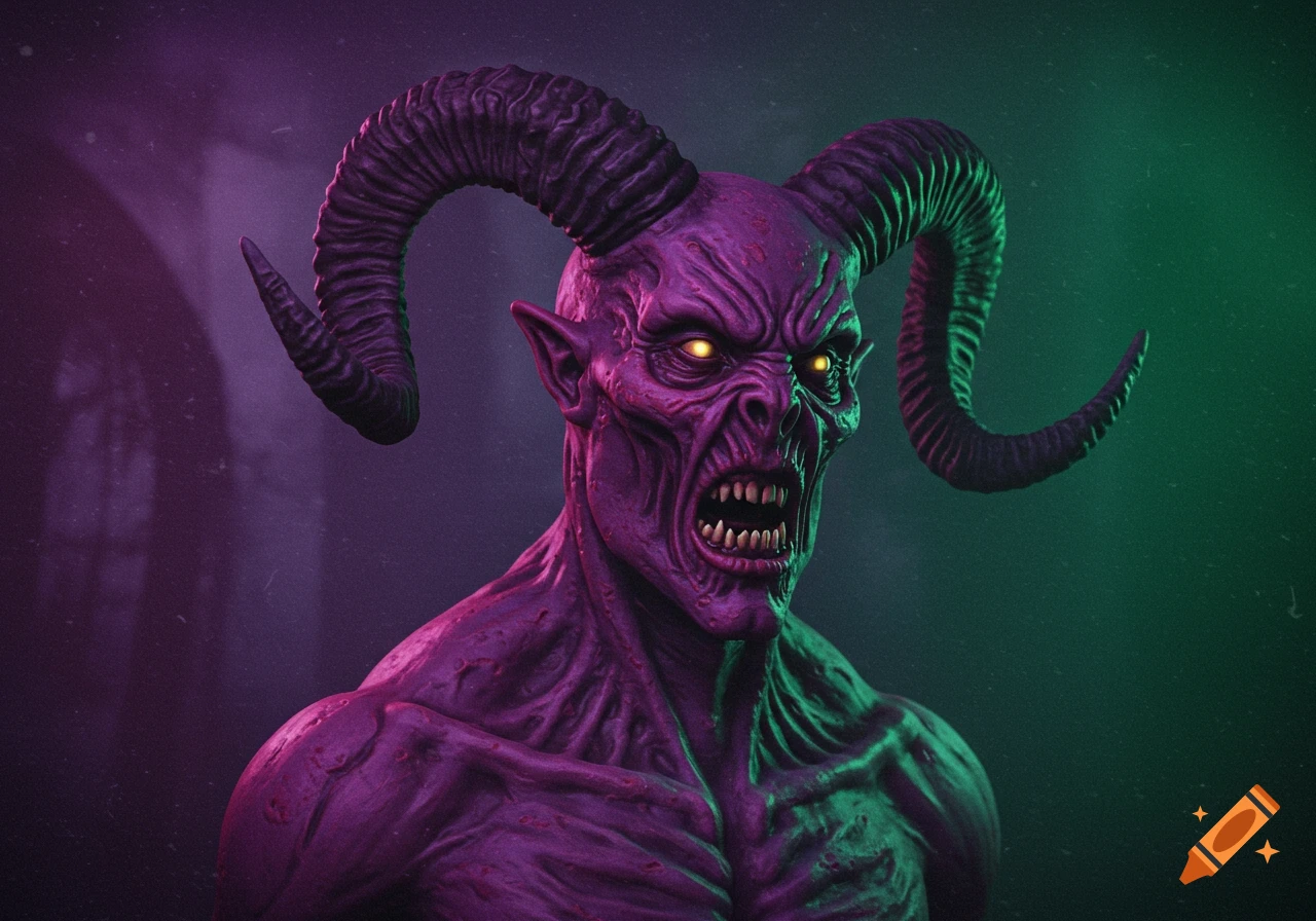 A detailed 3D rendering of a creepy purple monster with large horns, glowing eyes, and sharp teeth, lit by purple and green light.
