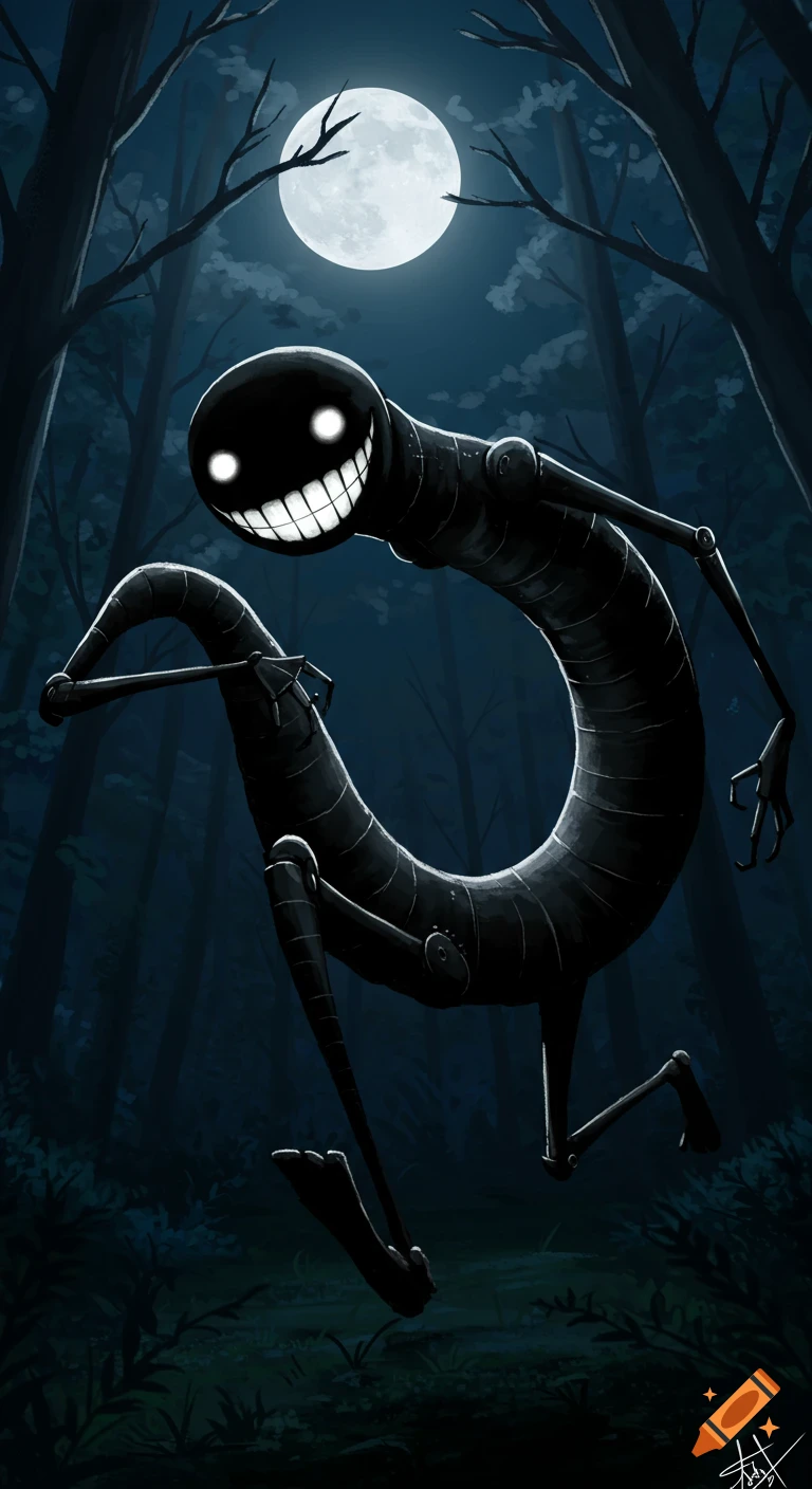 A black, slender robot monster with glowing eyes and a wide grin runs through a dark forest under a full moon.