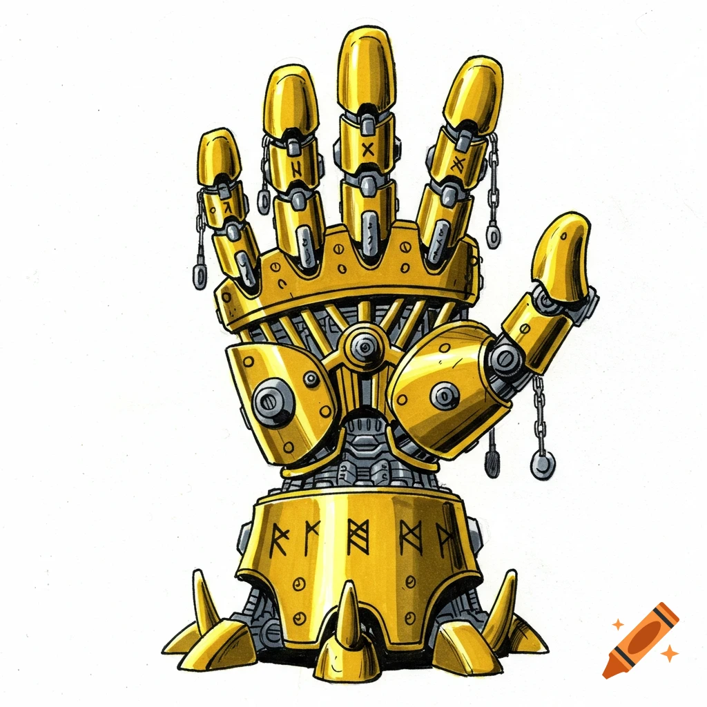 A golden mechanical hand with mystical runes and chains, in a comic book illustration style on a white background.