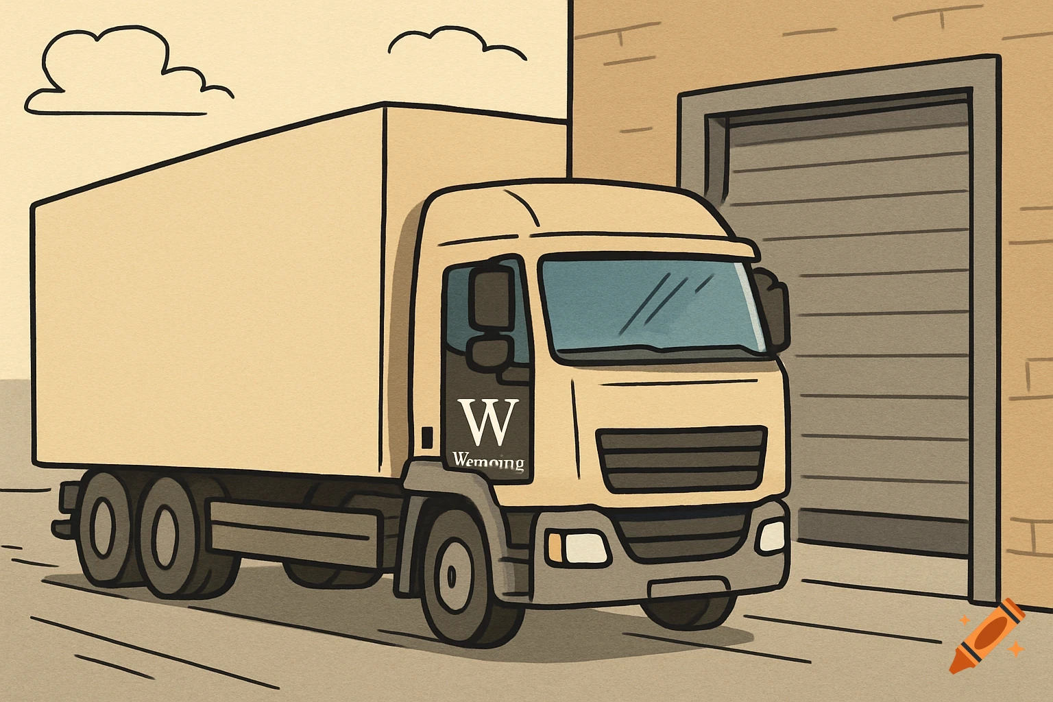 A cartoon delivery truck branded 'W Wemcing' drives towards a bay door of a building.