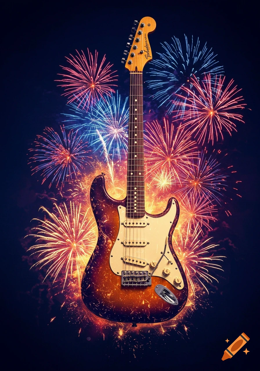 An electric guitar, brown and white, centered against a dark blue sky filled with colorful red and blue fireworks explosions.