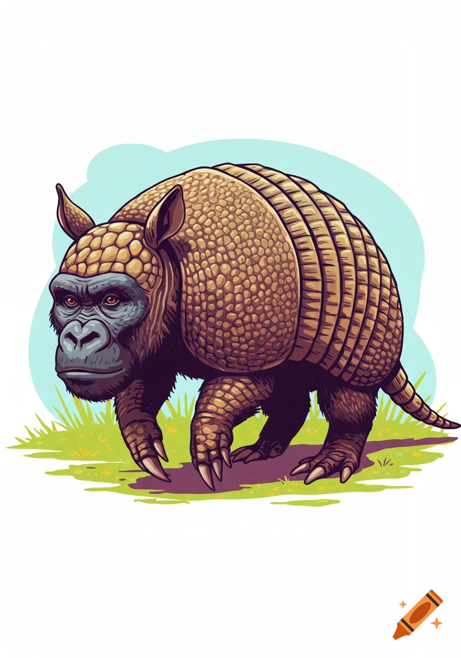 An illustrated hybrid creature with an armadillo body and a gorilla face walks on grass against a light blue background.