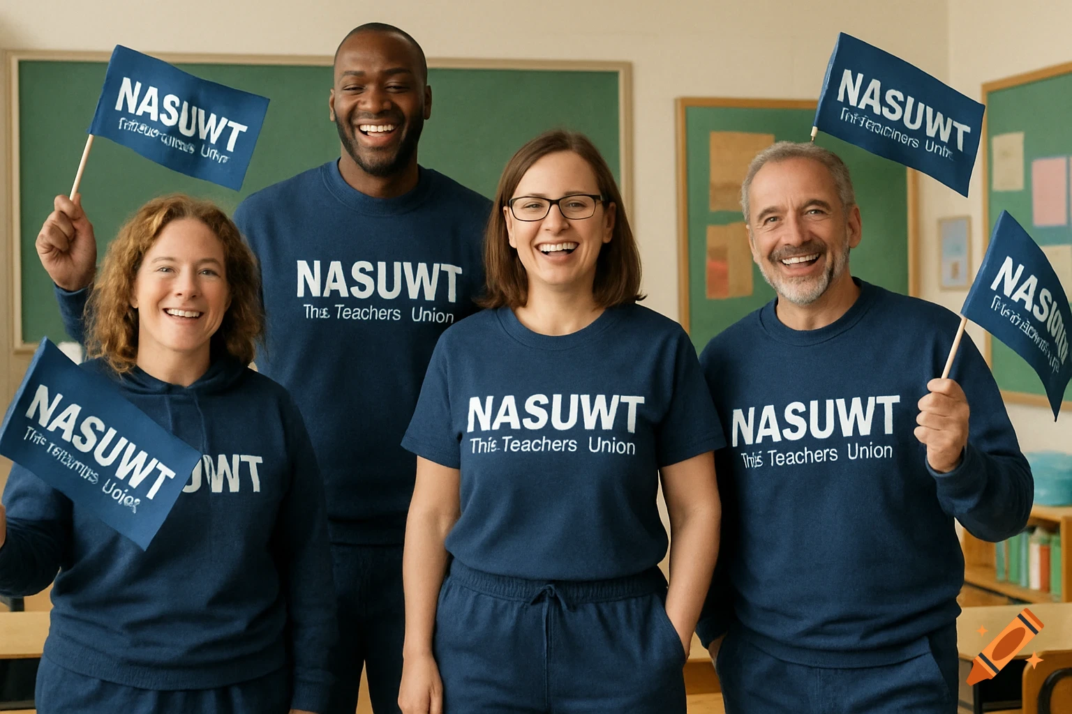Four smiling adults, two men and two women, in a classroom wearing blue shirts and trousers with a 'NASUWT This Teachers Union' logo, holding small blue flags.
