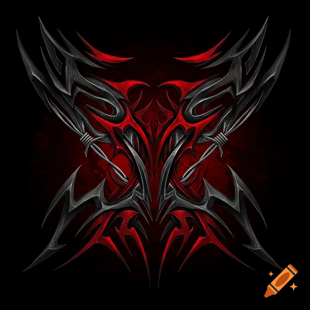 A dark, stylized neotribal design in black and red with barbed wire elements, set against a deep red background.