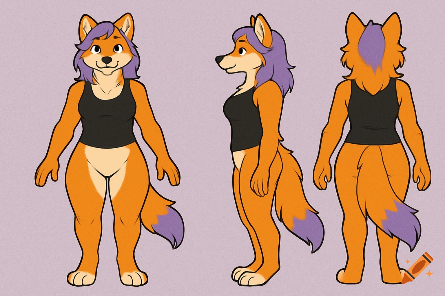Reference sheet of an orange and cream anthropomorphic female wolf fursona with lavender hair and tail tip, wearing a black tank top, shown from front, side, and back views.