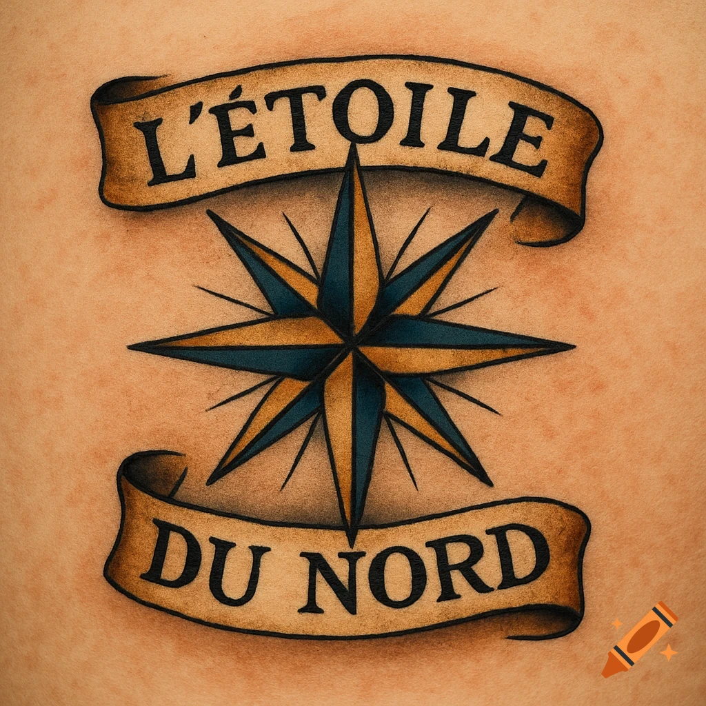 Traditional tattoo of a compass rose with banners reading 'L'ÉTOILE DU NORD' on a skin-colored background.
