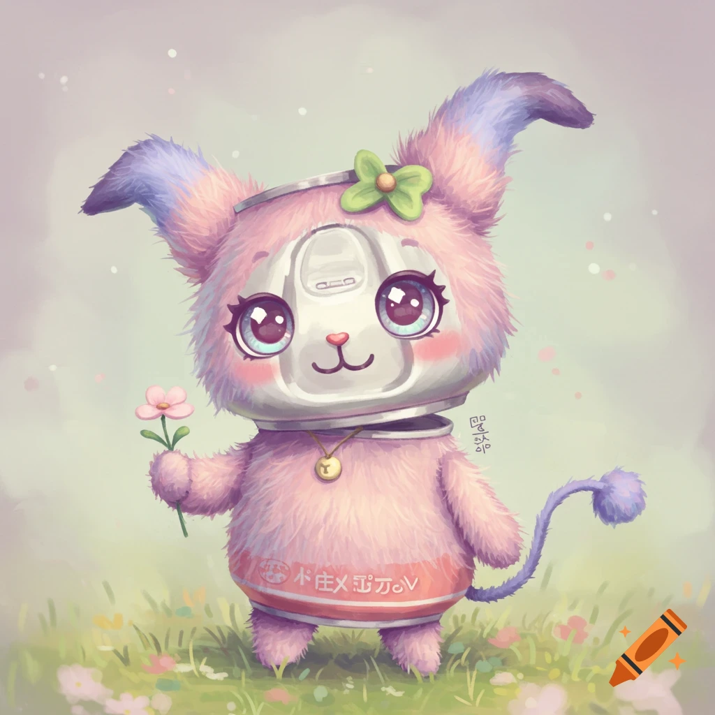 A fluffy pink character with large eyes and a can for a head, holding a pink flower in a grassy field.