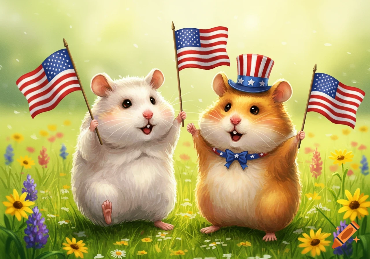 Two cute hamsters holding American flags in a field of wildflowers, one wearing a patriotic top hat.