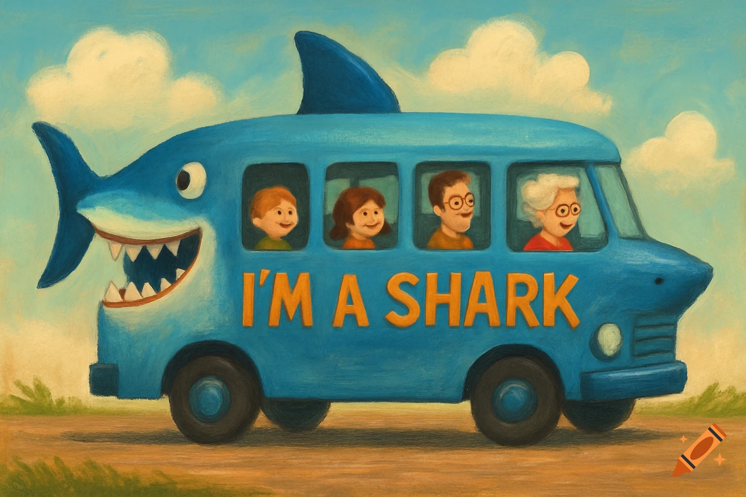 A whimsical blue bus shaped like a shark with a friendly face, featuring the text "I'M A SHARK" on its side. Four cartoon people, two adults and two children, peer out of the windows. The bus drives on a dirt road under a blue sky with white clouds, in a painterly style.