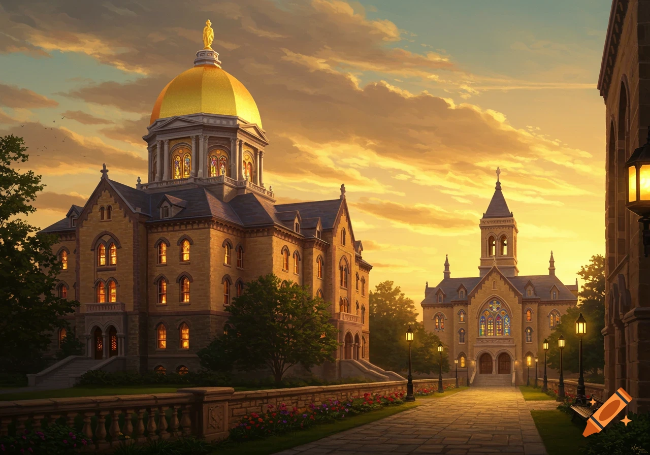 A photorealistic image of the University of Notre Dame at sunset, showing the golden dome of the Main Building and the Basilica.