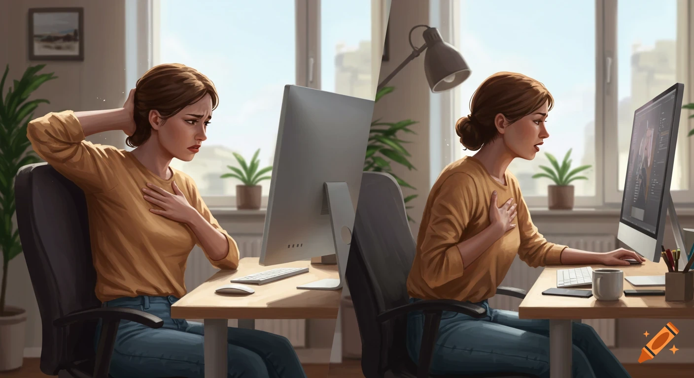 Digital art illustration of a woman at a desk in a home office, looking distressed on the left and relieved on the right side of the split image.