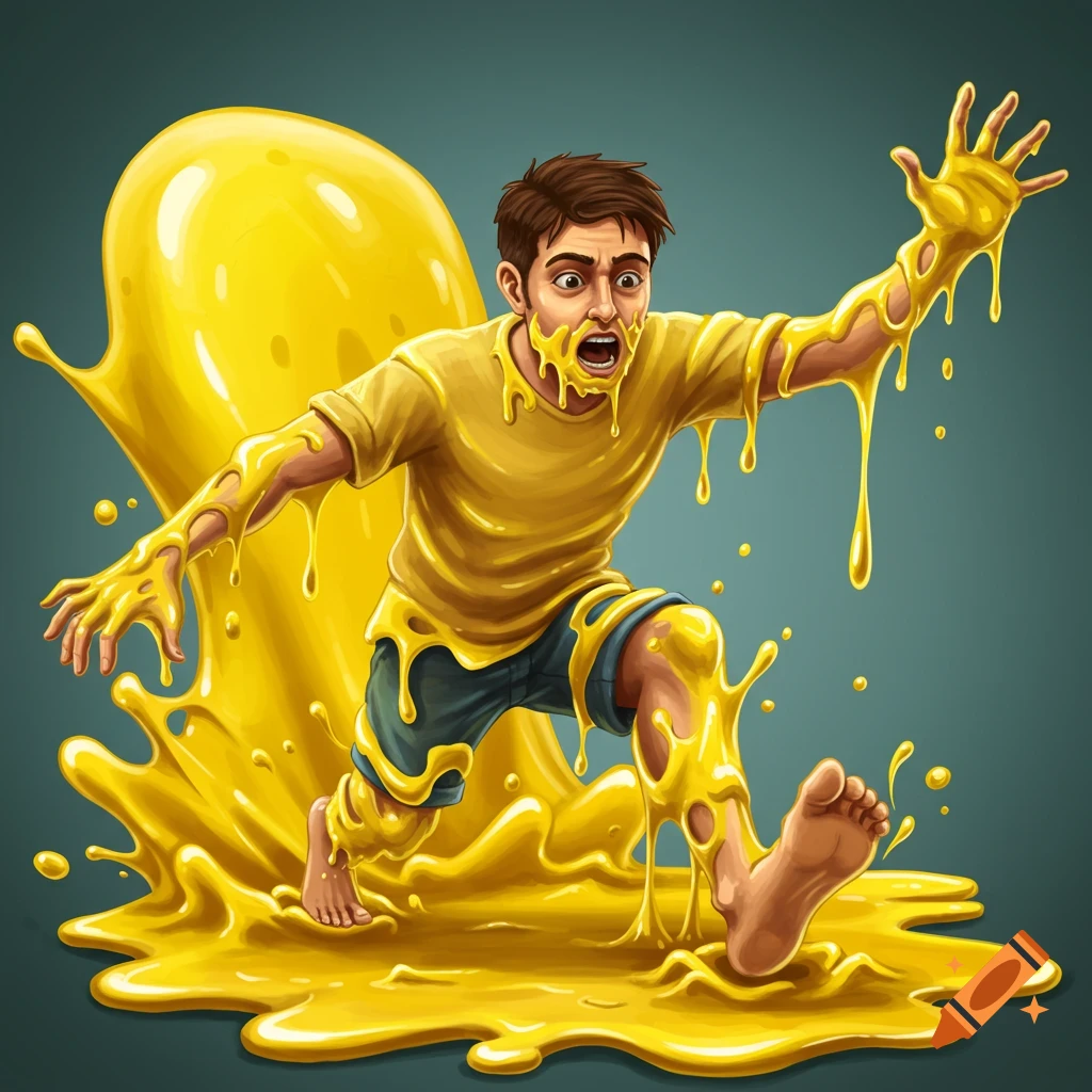 A cartoon man, screaming and distressed, is covered head to toe in bright yellow slime, struggling to run.