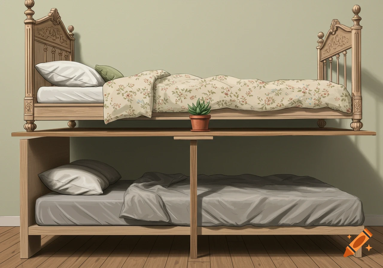 Two beds stacked like bunk beds, with a potted plant on a shelf between them. The top bed has an ornate headboard and floral bedding; the bottom has plain gray bedding.