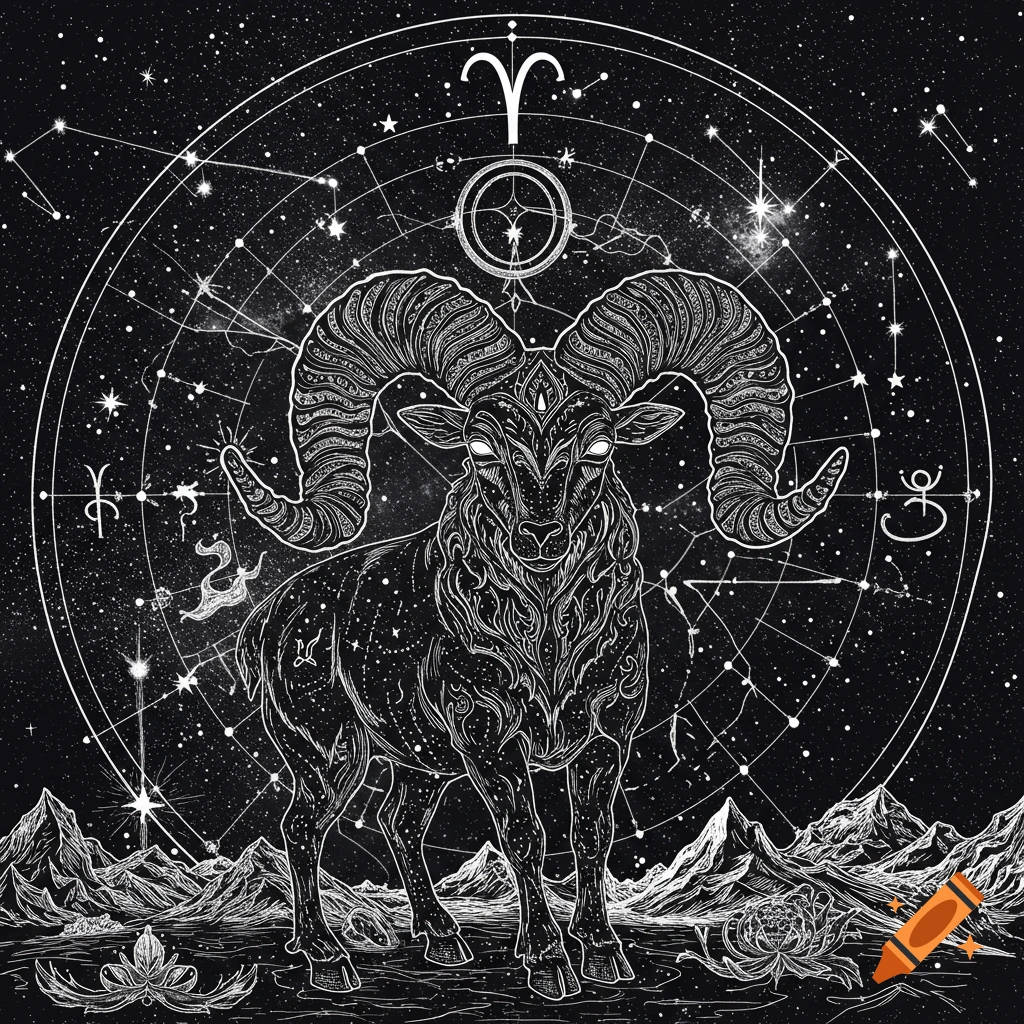 Detailed black and white line art of a celestial ram with large horns, surrounded by stars, mountains, and cosmic patterns.