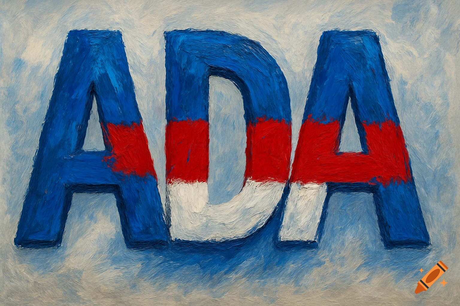 The word ADA in bold, thick, blue, red, and white paint strokes on a light background.